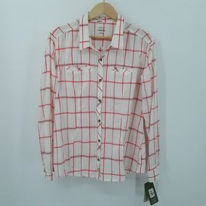 Cabela's white/red check print button down women's shirt size L